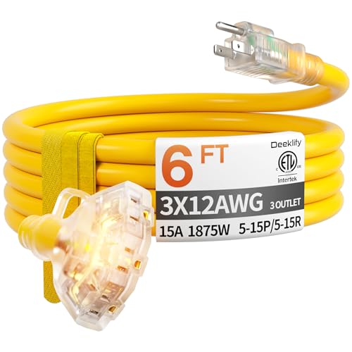 6 ft 12 Gauge Heavy Duty 3 Outlet Extension Cord Splitter with Indicator, Waterproof Outdoor Extension Cord with Multiple Outlets, 15A 1875W for Garden, ETL Listed, Flexible Yellow SJTW - size: 6FT
