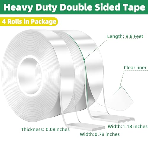 YMHB Double Sided Tape Heavy Duty, Nano Tape Double Sided Mounting Tape(4 Rolls, Total 39.2FT), Removable Transparent Adhesive Tape, Clear Two Sided Poster Wall Tape Strips for Home Office - size: 1.18 inch x 19.6 feet & 0.78 inch x 19.6 feet