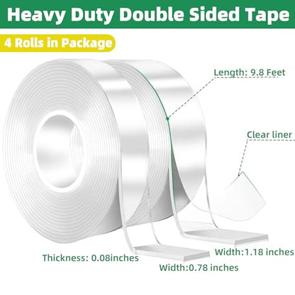 YMHB Double Sided Tape Heavy Duty, Nano Tape Double Sided Mounting Tape(4 Rolls, Total 39.2FT), Removable Transparent Adhesive Tape, Clear Two Sided Poster Wall Tape Strips for Home Office - size: 1.18 inch x 19.6 feet & 0.78 inch x 19.6 feet