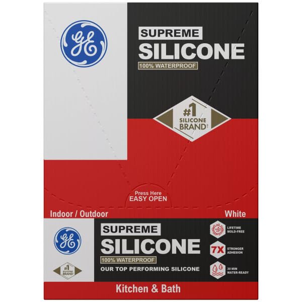 GE Supreme Silicone Caulk for Kitchen & Bathroom, White, 2.8 fl oz Tube, 12 Pack - 100% Waterproof Silicone Sealant, 7X Stronger Adhesion, Shrink & Crack Proof - size: Pack of 12