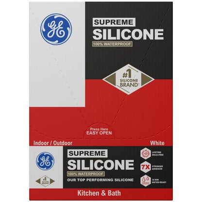 GE Supreme Silicone Caulk for Kitchen & Bathroom, White, 2.8 fl oz Tube, 12 Pack - 100% Waterproof Silicone Sealant, 7X Stronger Adhesion, Shrink & Crack Proof - size: Pack of 12