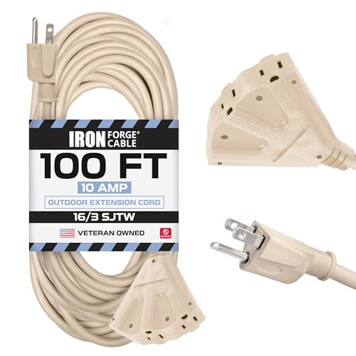 Iron Forge Cable Weatherproof 100 Ft Outdoor Extension Cord - 3 Outlet 16/3 SJTW Heavy Duty Light Brown Extension Cord 100ft 3 Prong - 10 Amp Power Cable - color: Beige, size: 100FT