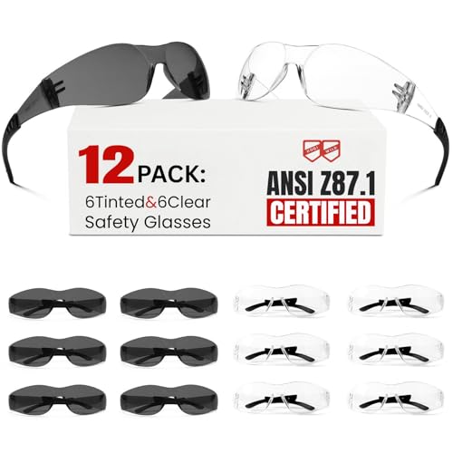 ANSI Z87.1 Safety Glasses Men Women 12 pack(6pack clear safety glasses+6pack safety sunglasses) Scratch & Impact Resistant eye protection glasses for Construction, Outdoor Sports & Work - color: 6-clear+6-grey
