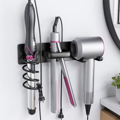 Tindbea Hair Dryer Holder Curling Iron Holder Flat Iron, Blow Dryer Holder Wall Mount, 3 in 1 Bathroom Hair Tool Organizer Rack for Universal Dryer, Matte Black - color: Matte Black