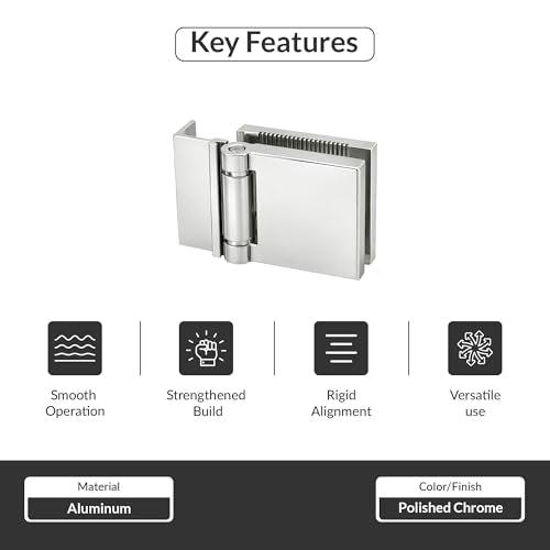 FHC L-Mount Universal Hinge, Aluminum Material, Polished Chrome Finish, for 1/4" Tempered Glass, Free-Swinging Single-Acting, Square Design Shower Door Hinge - color: Polished Chrome