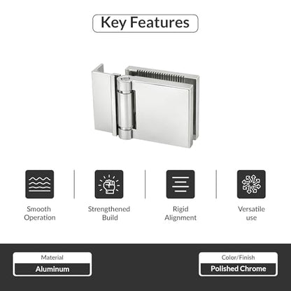 FHC L-Mount Universal Hinge, Aluminum Material, Polished Chrome Finish, for 1/4" Tempered Glass, Free-Swinging Single-Acting, Square Design Shower Door Hinge - color: Polished Chrome