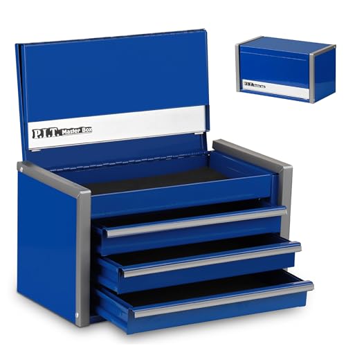 P.I.T. Mini Tool Box 8.6 Inch, Portable 3 Drawer Steel Stackable Tool Box with Magnetic Tab Locking, Blue Micro Top Chest with Liner for Tools Storage and Organizers, Home DIY - color: Blue, size: 3-Drawer