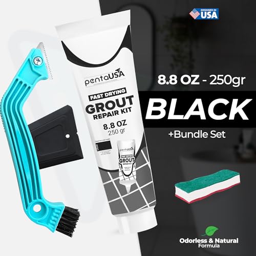 PentaUSA Tile Grout Repair Kit with Removal Tool - Premixed Acrylic Sanded Grout Filler for Bathroom, Shower, and Kitchen, Includes Applicator Spatula, and Sponge - Black (8.8oz / 250g) - style: Black
