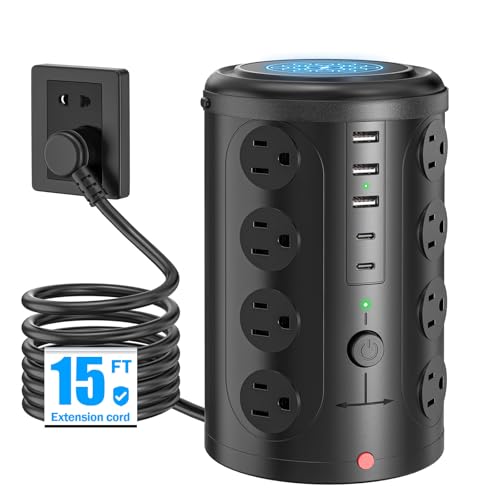 Power Strip Tower Surge Protector with 16 Outlets and 5 USB Ports (2 USB-C), 15FT Extension Cord with Multiple Outlets,Heavy Duty Charging Station,Home Office Dorm Room Essentials. - size: 15ft Without Wireless Charging