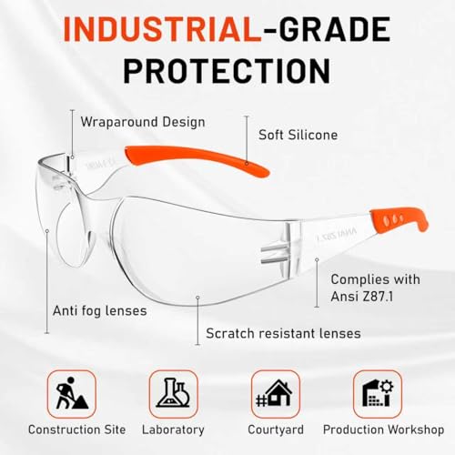 Salfboy Anti Fog Wraparound Safety Glasses Bulk, ANSI Z87.1 Certified for Construction, Yard Work, Laboratories - style: Orange Leg