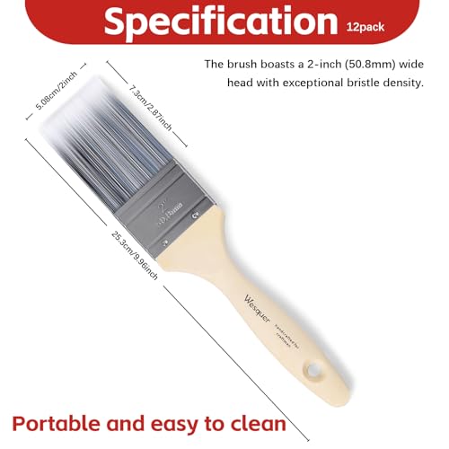 Wesquer 2 Inch Professional Paint Brushes 12-Pack, Premium Synthetic Bristles for Smooth Finish, Easy to Clean & Reusable for Wall, Cabinet, Interior & Exterior Painting - size: 2 inch (12 pack)