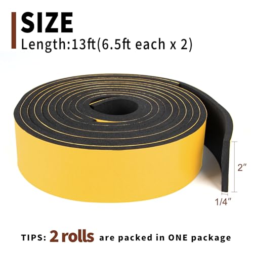Yotache High Density Adhesive Foam Seal Tape 2 Rolls 2" W X 1/4" T, (New Adhesive Craft) Weather Strip Insulation for RV, Air Conditioning Window, Garage Door, Total 13 Ft Length - size: 2"x1/4"x13 FT