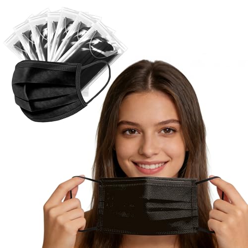 NNPCBT Black Individually Wrapped Masks 50pcs, Disposable Face Masks for Adults, 3 Ply Breathable Face Mask Black Indoor Outdoor - color: Adult-50 Pcs-ind Black