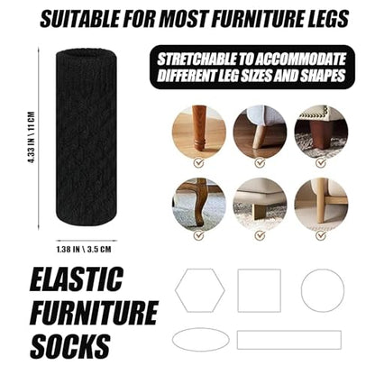 16 PCS Black Furniture Leg Socks - Spiral Knitted Chair Leg Floor Protectors for Hardwood Floors - High Elastic Bar Stool Chair Leg Covers Furniture Caps Set for All Shapes - size: 16 Pcs Black Spiral