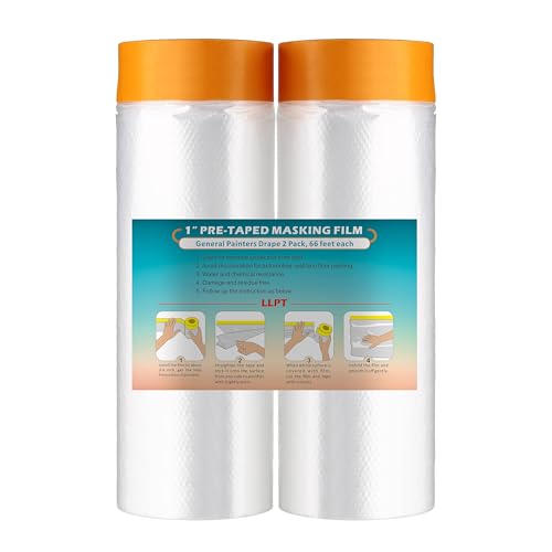 LLPT Tape and Drape 59.1”(Unfolded) x 66 Ft Each 2 Pack Pre-Taped Masking Film 0.27 Mil Painters Plastic Drop Cloth for Auto Wall Furniture Painting Protection (MFT1502) - size: 59.1 Inch X 66 Ft