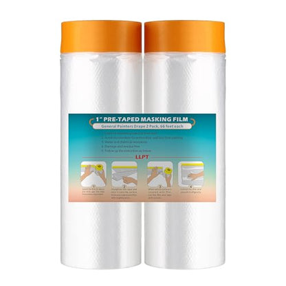 LLPT Tape and Drape 59.1”(Unfolded) x 66 Ft Each 2 Pack Pre-Taped Masking Film 0.27 Mil Painters Plastic Drop Cloth for Auto Wall Furniture Painting Protection (MFT1502) - size: 59.1 Inch X 66 Ft