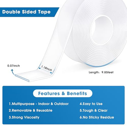 Double Sided Tape Heavy Duty - Nano Removable Adhesive Mounting Tape Wall Decor, Clear Sticky Picture Hanging Transparent Strips Command Tapes for Poster Carpet Art Craft Home Office School (10FT) - size: 10 FT