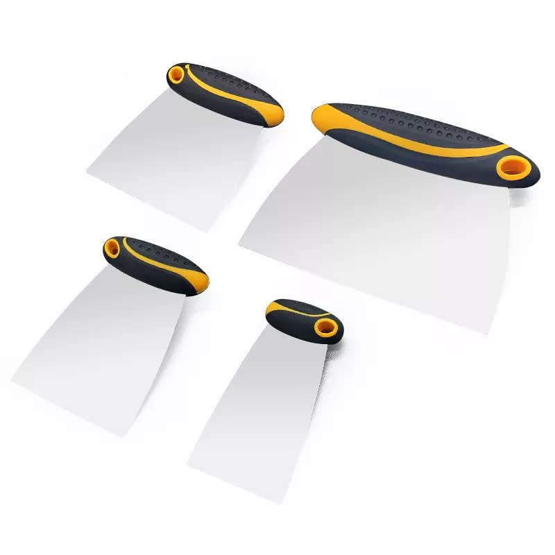 4-Piece Set of Stainless Steel Body Filler and Putty Spreaders/Scraper Set with Handles - Sizes: 2", 3", 4" and 6" | Repairing Drywall, Removing Wallpaper, Applying Putty, Plaster, Cement, Adhesive