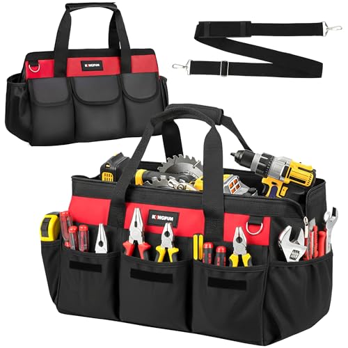 Kingfun 16 Inch Heavy Duty Tool Bag with 14 Pockets, Wide Mouth Tool Bag Organizer with Adjustable Shoulder Strap & Padded Handle, Durable Tool Storage Bag for Electricians, Mechanics & More (Red) - color: Red