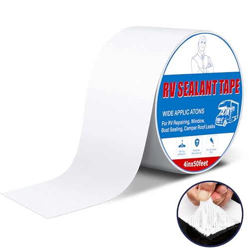 Rv Roof Tape White 4 Inch X 50 Feet, Waterproof Repair Sealant Tape UV-Resistant & Weatherproof Rv Awning Repair Tape for Window, Vent, Boat Sealing, Truck Camper Roof Patch kit Metal Roof Sealant - style: 4in*50ft