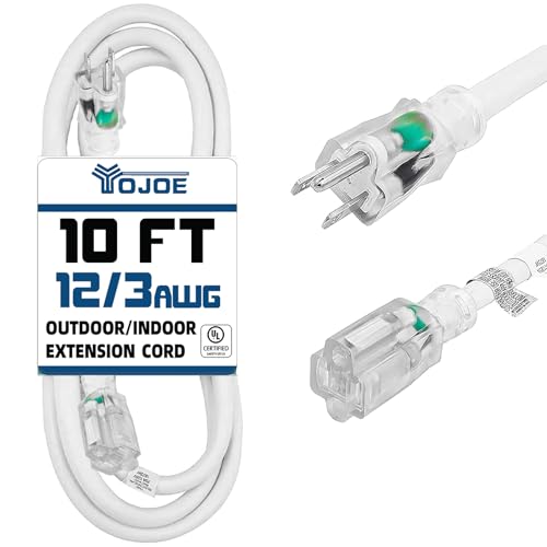 YOJOE Indoor Outdoor Extension Cord with Lighted End, 3 Prong 15A Weatherproof Power Cord, 12 Gauge Heavy Duty 10 ft White Extension Cord for Garage, Garden and Home, 12/3 SJTW UL Listed - color: White, size: 10 Foot, style: 12/3 Lighted-End