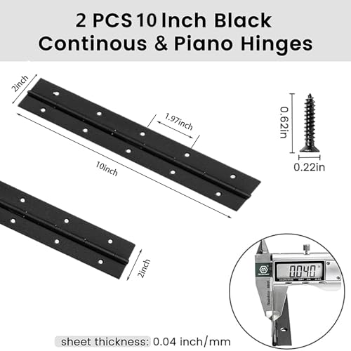 10 Inch Black Continuous Piano Hinges 2 Pack, Heavy Duty Stainless Steel Folding Hinges 0.05" Thickness 2" Open Width with Mounting Holes & Screws for Cabinet Doors Toolbox DIY Projects - size: 10IN-2IN-2PACK