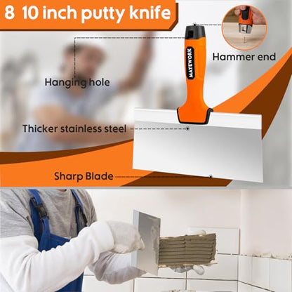 Matework Drywall Tools, 8-Piece Stainless Steel Drywall Knife Set, Putty Knives with Mud Pan, Tapping Knife with Hammer End and Ergonomic Grip for Wall Repair - color: 8 Pc