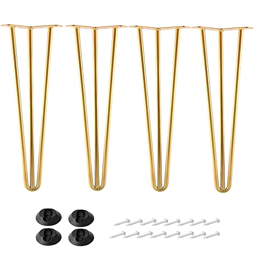 14 Inch Hairpin Legs Metal - 1/2” Dia 3 Rods Design - Mid Century Furniture Table Legs, DIY Furniture Hairpin Feet Gold for Nightstand, Coffee Table and TV Stand, Set of 4 - size: 14 Inch