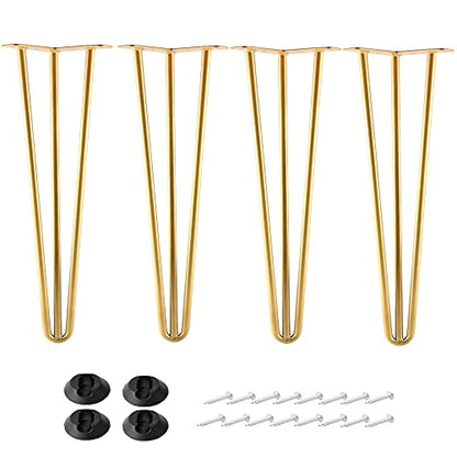 14 Inch Hairpin Legs Metal - 1/2” Dia 3 Rods Design - Mid Century Furniture Table Legs, DIY Furniture Hairpin Feet Gold for Nightstand, Coffee Table and TV Stand, Set of 4 - size: 14 Inch