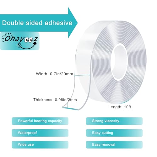 Ohayooz® Extra Strong Double Sided Tape Heavy Duty Removable 10FT, Clear Sticky Adhesive Nano Tape Tough Washable Waterproof Mounting Tape for Hanging Picture, Poster, Carpet, Photo Deco - size: Ohayooz Extra Strong 10 Feet