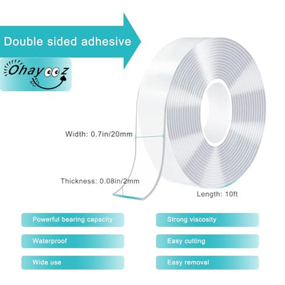 Ohayooz® Extra Strong Double Sided Tape Heavy Duty Removable 10FT, Clear Sticky Adhesive Nano Tape Tough Washable Waterproof Mounting Tape for Hanging Picture, Poster, Carpet, Photo Deco - size: Ohayooz Extra Strong 10 Feet