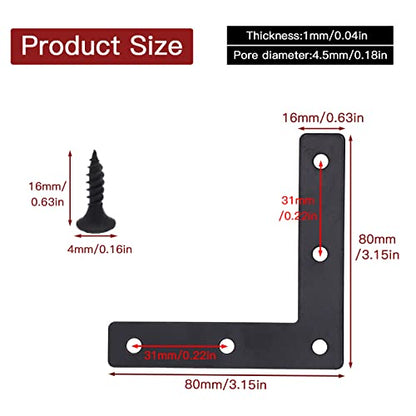 20pcs Black L Flat Shape Braces Corner Bracket, 80x80 mm Decorative Corner Brackets Mending Plate, Cold Rolled Steel 90 Dgree Angle Bracket for Wood Furniture Fixing - size: Black 80x80 mm
