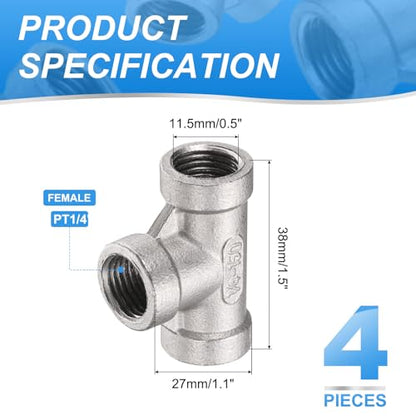 uxcell 4 Pcs 304 Stainless Steel Tee Pipe Fittings G1/4" Female Tee Adapter 3 Way t Shaped Cast Pipe Fitting Connector with Seal Tape for Plumbing Drainage Pipes Heating Systems - size: G1/4"