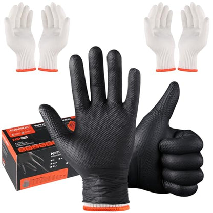 ANBOSON BBQ Gloves for Cooking Baking Grilling, 100 Count Disposable Nitrile Gloves and 4 Count Cotton Glove Liners Washable (10mil Nitrile, X-Large) - size: X-Large, style: 10mil Nitrile
