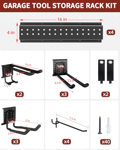 64-Inch Garage Storage Tool Organizer Wall Mount, Heavy Duty Garage Organization Metal Rack with 12 Hooks, Garden Tool Hanger Holder for Broom, Shovels, Ladders, Lawn Tools - size: 64" 4 Panels & 14 Hooks