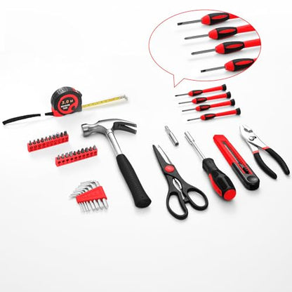 39-Piece Household Tool Set with Toolbox Storage Case - All Purpose Small Hand Tool Kit Includes Essential Tools for Home, Office, College Repairs, Red - color: Red