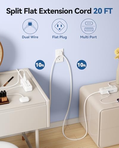 Split Extension Cord 20FT (10FT on Each Side), Single Flat Plug Twin Extension Cord with 4 AC Outlets, 2 USB-A & 3 USB-C(24W/4.8A), Nightstand Charging Station for Bedroom Dorm Room Home, His and Hers - size: 10ft