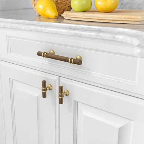Asidrama 10 Pack 3.75 Inch(96mm) Wood and Gold Cabinet pulls Kitchen Cabinet Handles, Cabinet Pulls Kitchen Cabinet Hardware for Cupboard Drawer Pulls - color: wood and gold, size: 3.75" Hole Center, style: 10 Pack