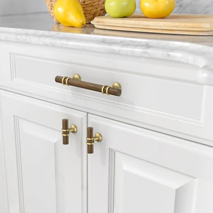 Asidrama 10 Pack 3.75 Inch(96mm) Wood and Gold Cabinet pulls Kitchen Cabinet Handles, Cabinet Pulls Kitchen Cabinet Hardware for Cupboard Drawer Pulls - color: wood and gold, size: 3.75" Hole Center, style: 10 Pack