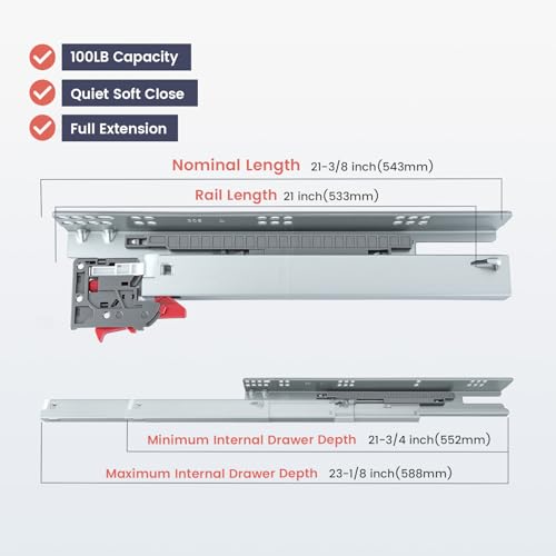 Homdiy 21 Inch 1 Pair Undermount Soft Close Drawer Slides Hidden Bottom Mount Cabinet Rails, Full Extension Concealed Bottom Mount Rails, 100 LB Load Capacity Heavy Duty Steel Cabinet Slides - size: 21 Inch
