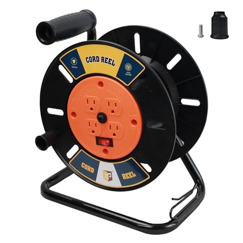 EP Extension Cord Storage Reel with 4-Grounded Outlets, Heavy Duty Open Cord Reel for 12/3 14/3 16/3 Power Cords, Portable Empty Hand Crank Electric Cord Roller Holder, Orange - color: Orange