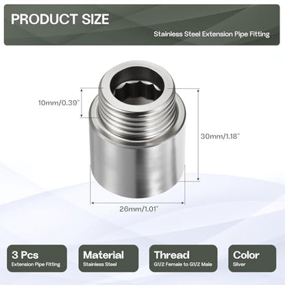 Shower Head Extension Arm, 304 Stainless Steel G1/2 Male to Female Thread 30mm/1.18" Length Extender Pipe Fitting Nipple for Showers, Faucets, and Plumbing with PTFE Thread Seal Tape 3 Pack - size: 30mm/1.18"