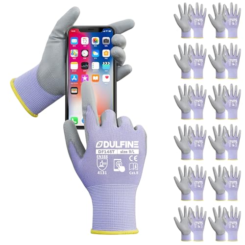 DULFINE Work Gloves for Men PU Coated 12 Pairs Bulk Pack,Purple Seamless Knit Glove with thin Polyurethane,Two Finger Touchscreen, for Men and Women, Ideal for Light Duty Work. (Small) - color: Purple, size: Small