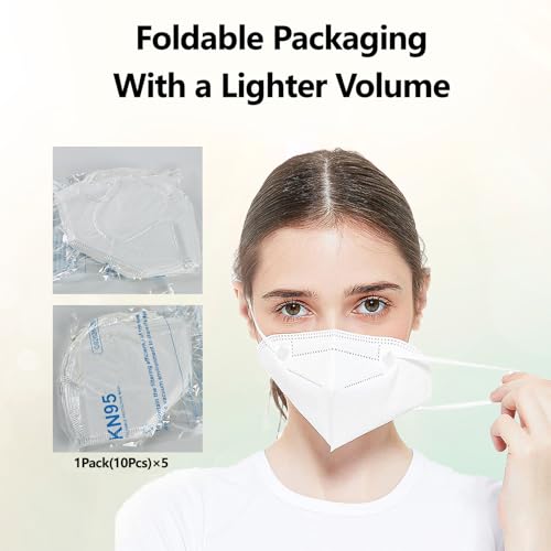 XIKII KN95 Face Masks 50 Pack 5-Ply Breathable & High Elastic Ear Loops, Alike N95 Masks for Adults 95% Filtration Efficient Foldable Mask Adjustable Nose Clip for Outdoor Activities