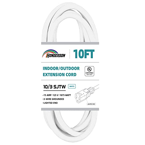Indoor Outdoor Extension Cord Weatherproof with Lighted End, UL Certified, 10 Gauge 10FT White 3 Prong Heavy Duty, 10/3 SJTW 15A Power Cord for Outdoor Lights, Lawn - size: 10FT, style: 10/3