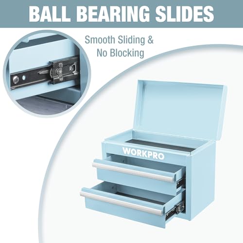 WORKPRO Metal Mini Tool Box, Top Tool Chest containing Two Drawers with Ball Bearing Slides, PVC Drawer Liners and PP Feet Pads, Durable Cold Rolled Steel Small Toolbox for Multi-Purpose Storage - color: Macaron Blue