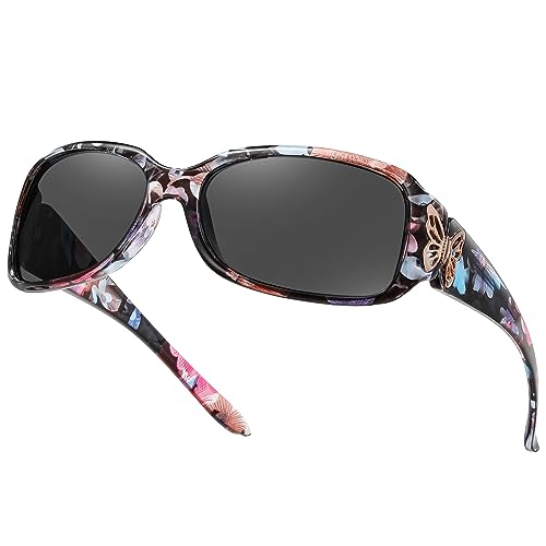 HAOLOTA Women's Polarized Sunglasses - Fashionable Wraparound Butterfly Design with UV400 Protection - color: A02 Flower Frame/Grey Lens