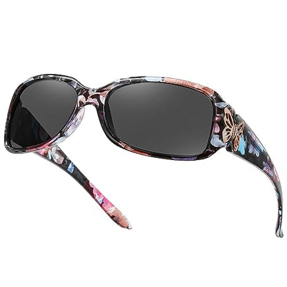 HAOLOTA Women's Polarized Sunglasses - Fashionable Wraparound Butterfly Design with UV400 Protection - color: A02 Flower Frame/Grey Lens
