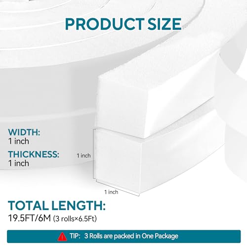 3 Rolls High Density Air Conditioner Window Seal 1" W x 1" T, Strong Adhesion Thick Foam Tape White Insulation Foam for Windows, Doors (Total 19.5 FT Long) - color: White-19.5FT