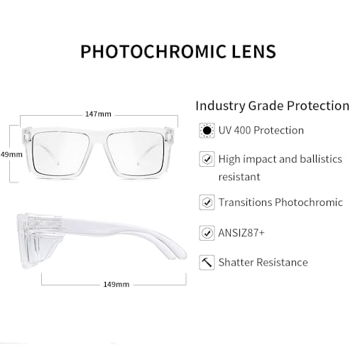 UV400 Bluelight Transition Photochromic Safety Glases Anti Scratch and Impact Resistant,Meets ANSI Z87.1 Standard - color: Glossy Clear